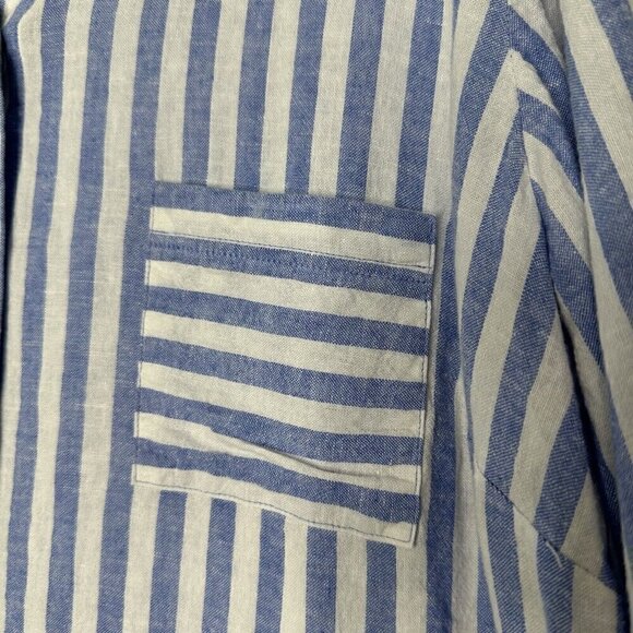 Susan Graver Linen Shirt Button up Striped Tie Sleeve XL Petite Blue White - Picture 4 of 11
